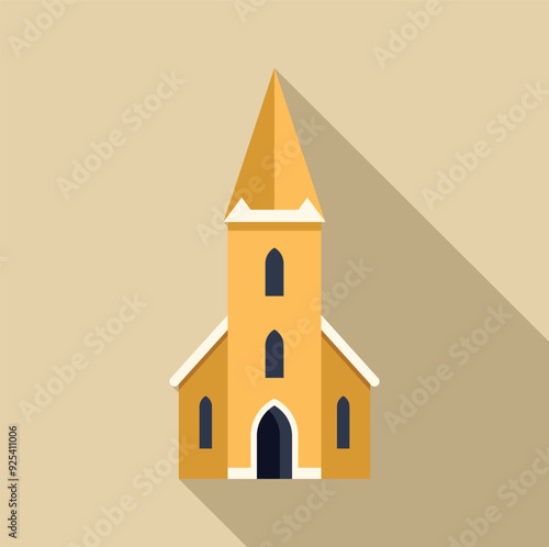 Minimalist illustration of a yellow church building casting a long shadow on a beige background