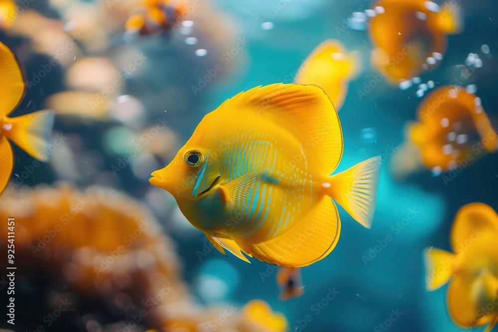 Yellow Fish in Water: Bright Tropical Fish Swimming in Natural Underwater Habitat Yellow Fish in Water: Bright Tropical Fish Swimming in Natural Underwater Habitat