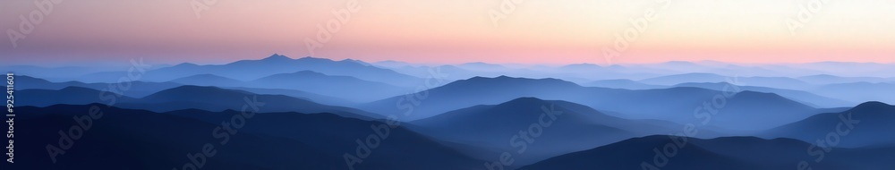 Mountains shrouded in evening fog with soft pastel sky at dusk Mountains shrouded in evening fog with soft pastel sky at dusk