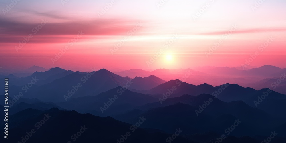 Fototapeta premium Foggy evening mountainscape at sunset in soft pastel hues