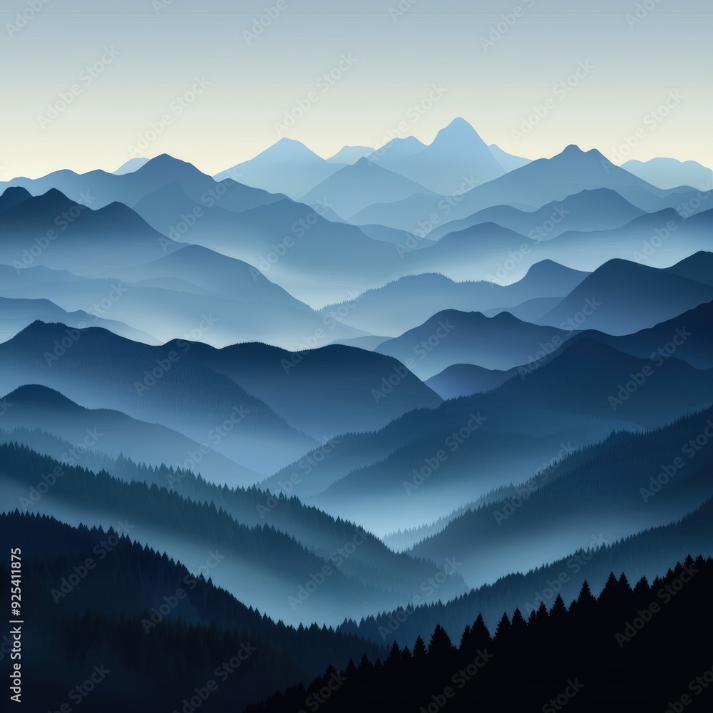 Foggy mountains at dusk with layered peaks and serene atmosphere Foggy mountains at dusk with layered peaks and serene atmosphere