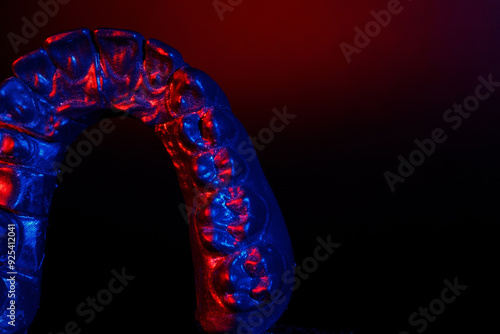 red-blue model of the upper jaw with a bright background. with space for text photo