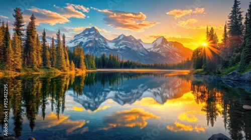 Beautiful mountain landscape with sunset reflecting in a calm lake surrounded by pine trees.