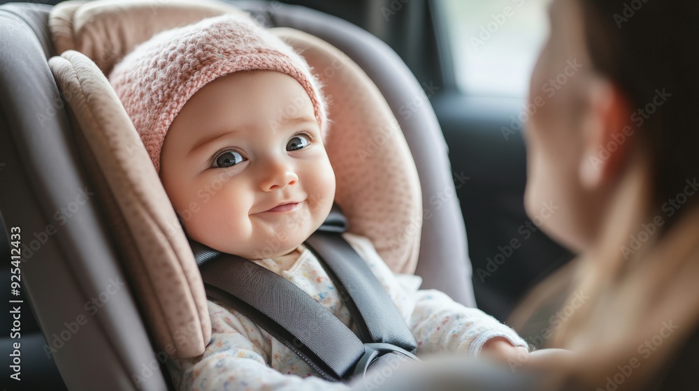 A baby in a car with a car seat and seat belt A baby in a car with a car seat and seat belt