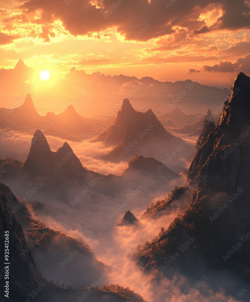 Fototapeta premium Mountains shrouded in evening fog with a sunset in the background