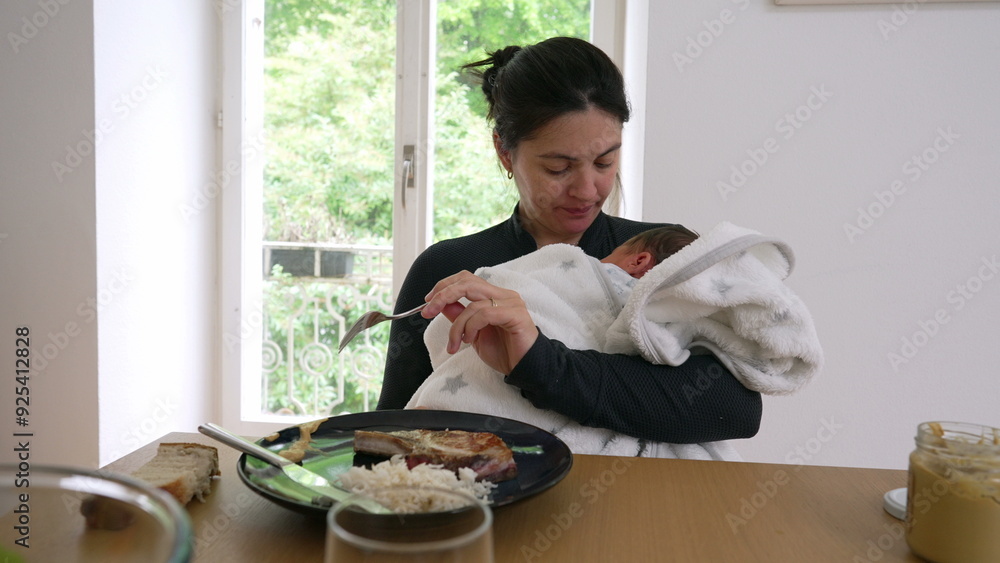 Mother holding newborn baby while eating a meal. balancing caregiving and personal needs, highlighting the multitasking nature of early motherhood Mother holding newborn baby while eating a meal. balancing caregiving and personal needs, highlighting the multitasking nature of early motherhood