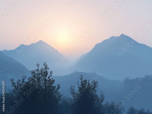 Evening fog envelops mountains as the sun sets behind peaks