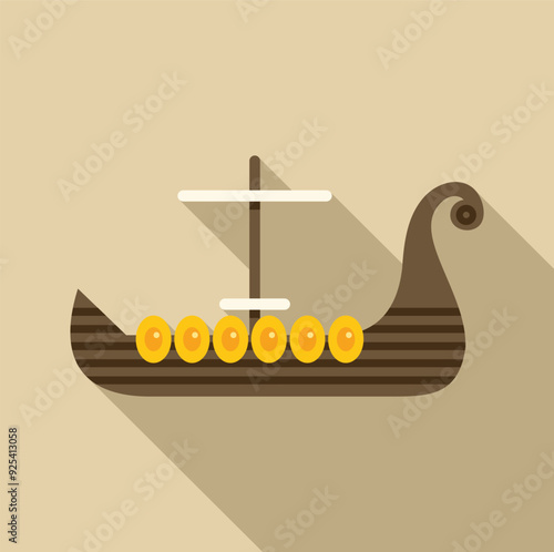 Drakkar viking ship sailing on water with long shadow