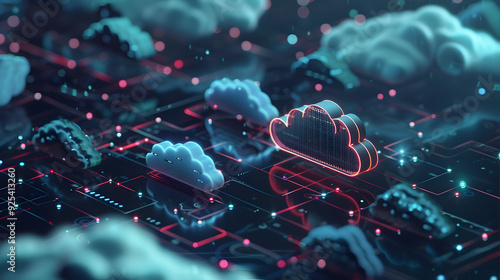 Cloud Computing 3D Illustration: Networked Servers and Data Storage in the Cloud