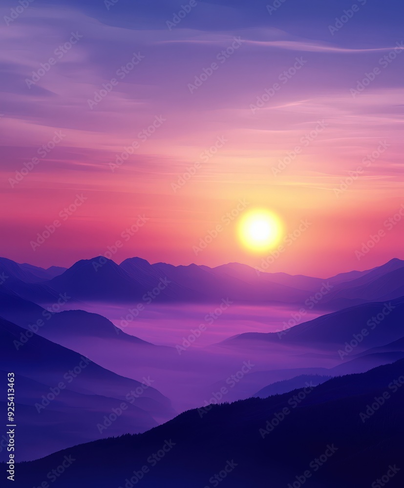 Evening fog envelops mountains at sunset Evening fog envelops mountains at sunset