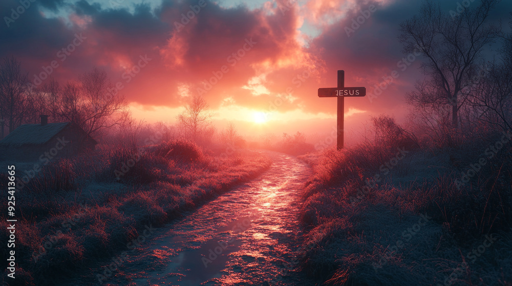 A beautiful landscape features a wooden cross marked with the word Jesus at sunset, surrounded by misty fields and a winding path