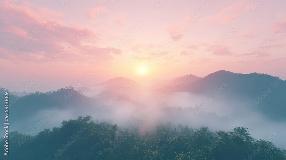Foggy evening mountains with a sunset glow in the background Foggy evening mountains with a sunset glow in the background