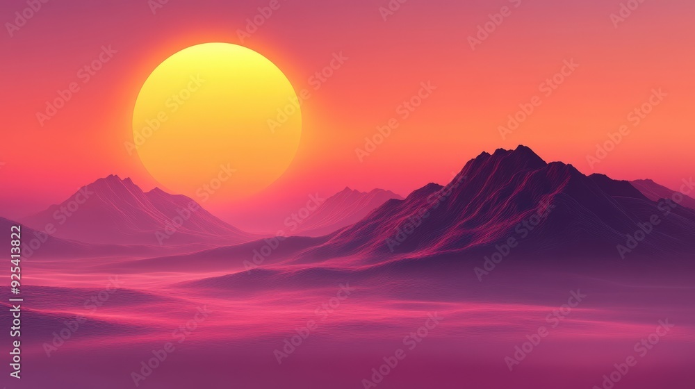 Evening fog envelops mountains under a vibrant sunset Evening fog envelops mountains under a vibrant sunset