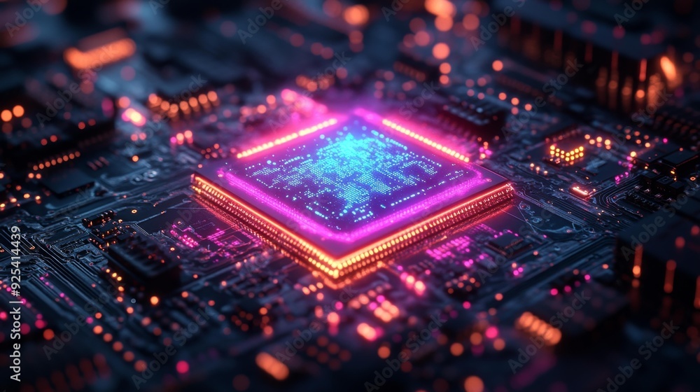 Futuristic glowing microchip on circuit board - generative ai Futuristic glowing microchip on circuit board - generative ai