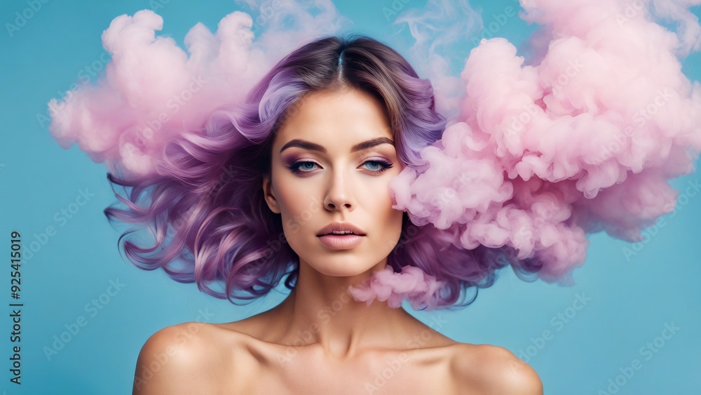 Young woman surrounded by a purple pink cloud of smoke on isolated pastel blue background. Abstract fashion concept. Close-up portrait of top model. Image generated by artificial intelligence. Young woman surrounded by a purple pink cloud of smoke on isolated pastel blue background. Abstract fashion concept. Close-up portrait of top model. Image generated by artificial intelligence.