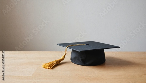 A graduation cap resting on a wooden table,symbolizing academic achievement and celebration.
