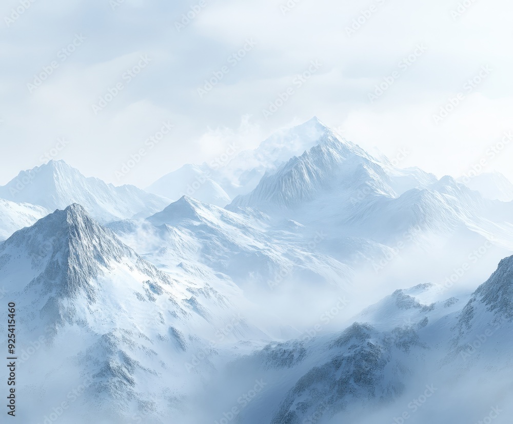Obraz premium Fog-covered mountains at noon create a serene winter landscape