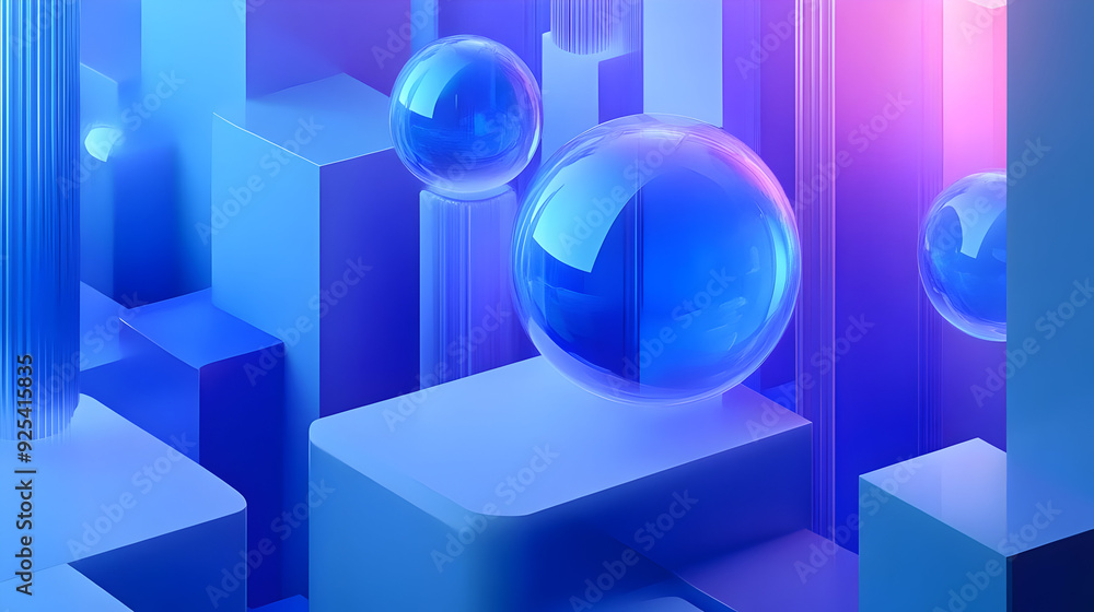Abstract 3D composition with spheres and geometric shapes in blue and purple tones. Abstract 3D composition with spheres and geometric shapes in blue and purple tones.