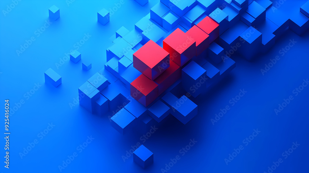 Abstract 3D cubes in blue with a striking red cube, creating a modern visual effect. Abstract 3D cubes in blue with a striking red cube, creating a modern visual effect.