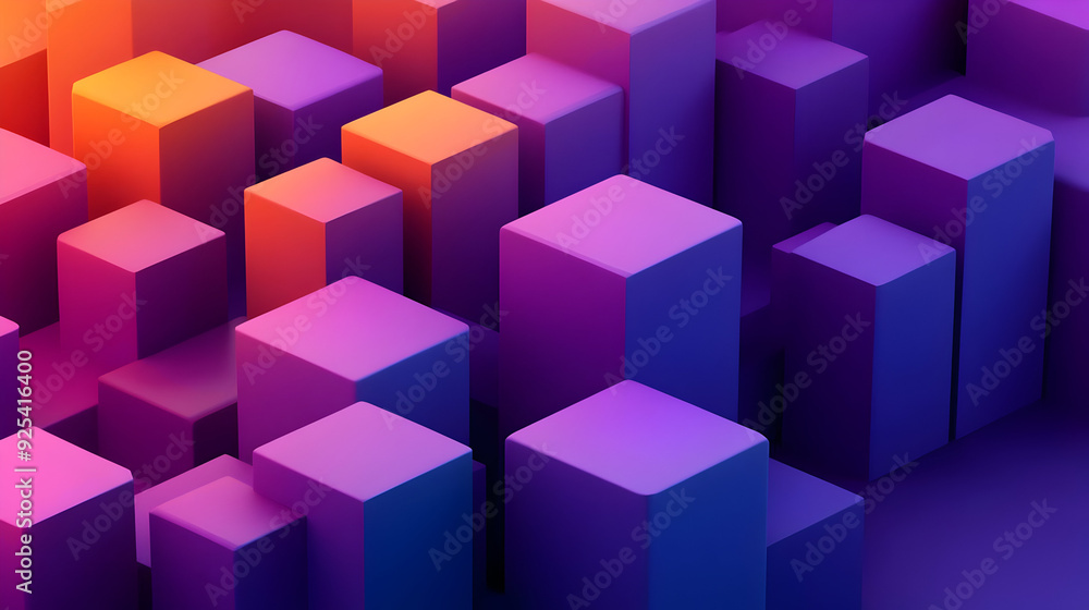 Abstract 3D geometric shapes in a gradient of purple, pink, and orange hues. Abstract 3D geometric shapes in a gradient of purple, pink, and orange hues.