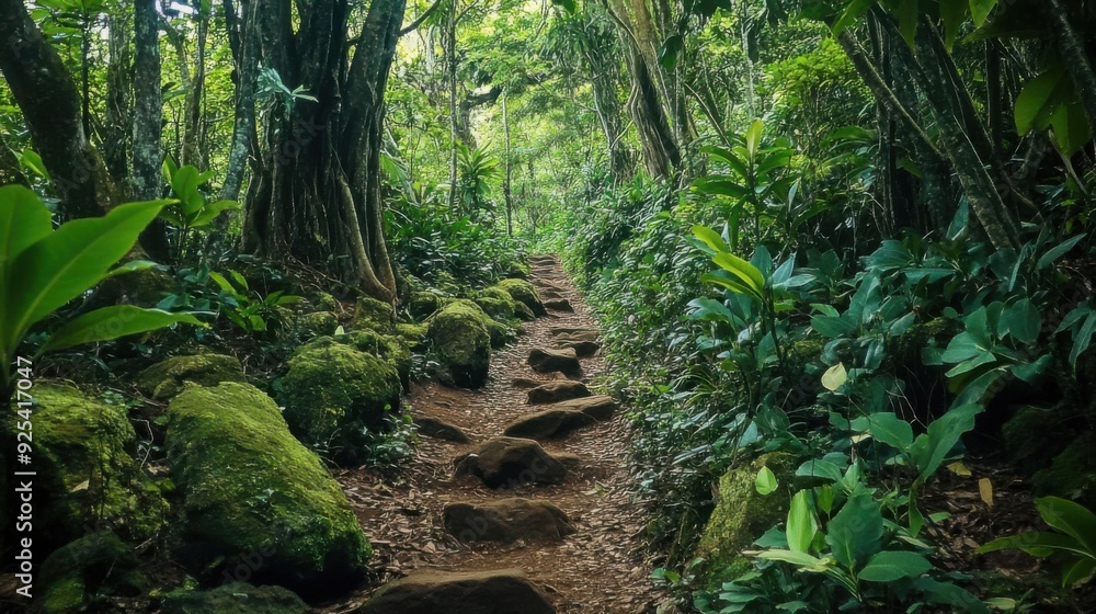 A rocky pathway winding through a dense, lush forest with vibrant green vegetation and moss-covered rocks. A rocky pathway winding through a dense, lush forest with vibrant green vegetation and moss-covered rocks.
