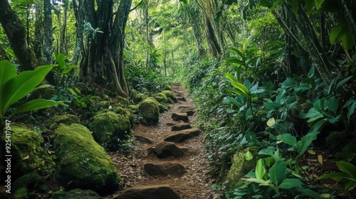 A rocky pathway winding through a dense, lush forest with vibrant green vegetation and moss-covered rocks.