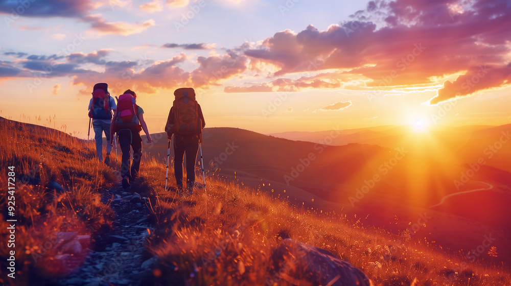Obraz premium Tourists Travel Through the Mountains at Sunset