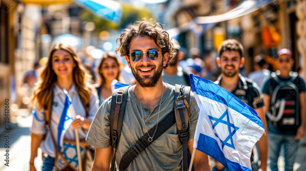 Group of people walking down street with israeli flags on their backs. Group of people walking down street with israeli flags on their backs.