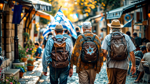 Group of men walking down street with backpacks on their backs.