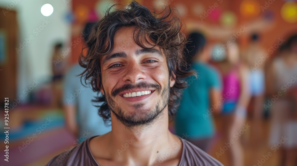 A cheerful young man with curly hair, smiling widely at a social event or party, with people mingling and interacting in the background. A cheerful young man with curly hair, smiling widely at a social event or party, with people mingling and interacting in the background.