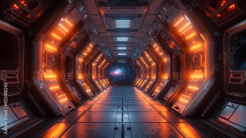 Futuristic spaceship corridor with view of space - generative ai