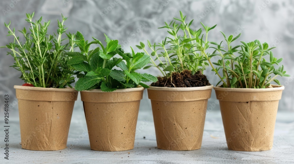Fototapeta premium Potted fresh garden herbs.Rosemary, mint, pepper and strawberry in brown paper package