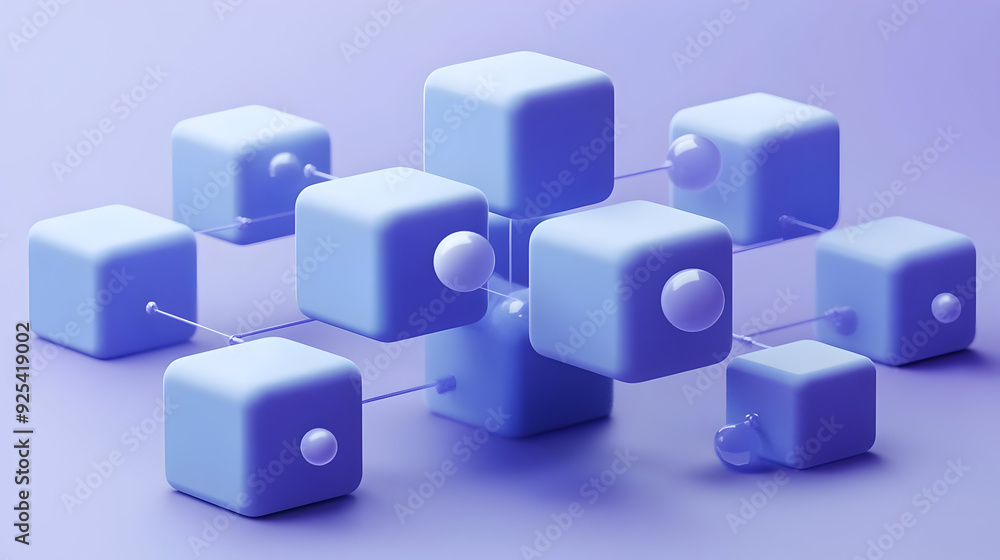 Abstract 3D render of purple cubes connected by spheres. Abstract 3D render of purple cubes connected by spheres.