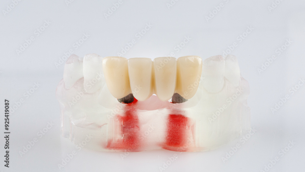 Four temporary dental crowns on the model, shot on a white background Four temporary dental crowns on the model, shot on a white background