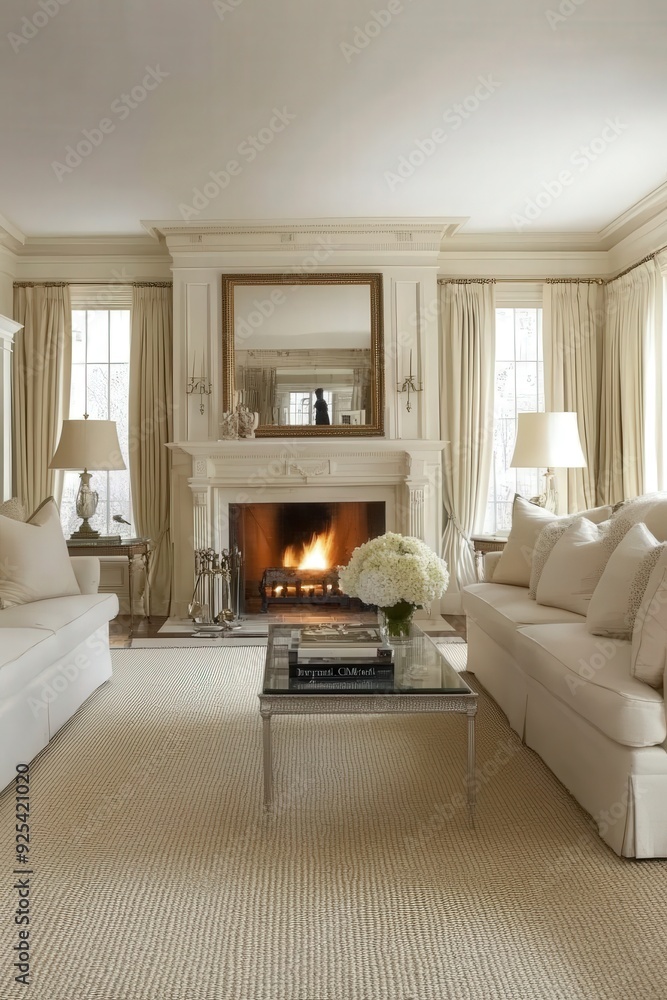Fototapeta premium Cozy minimalist living room with a fireplace and elegant decor