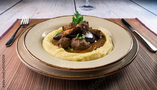 Turkish Food Hünkar Beğendi Lamb stew with a creamy eggplant puree photo