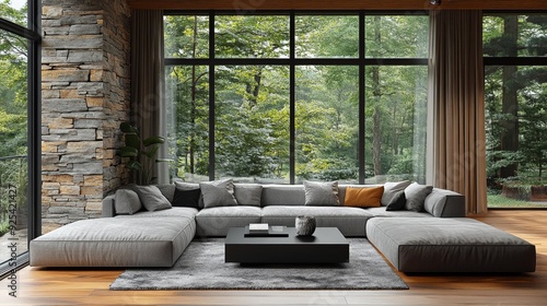 Modern living room with forest view - generative ai