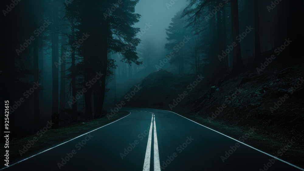 © IllustrationAlchemy - Tranquil road in the fog through a forest at night.
