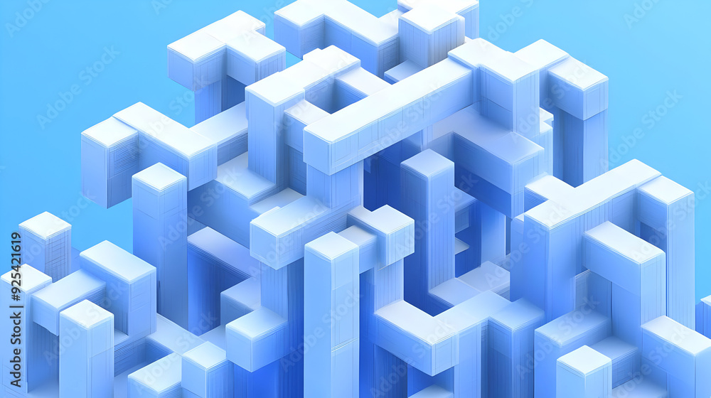 Abstract 3D structure with interlocking shapes in shades of blue. Abstract 3D structure with interlocking shapes in shades of blue.