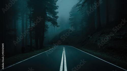 Tranquil road in the fog through a forest at night.