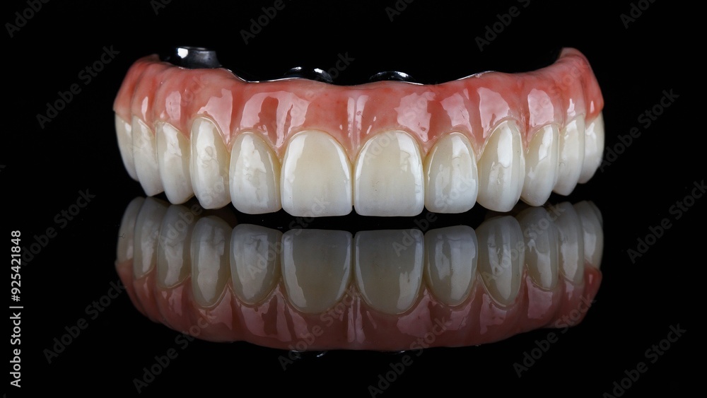 beautiful upper jaw prosthesis made of zircon with a pink artificial gum on black glass with reflection beautiful upper jaw prosthesis made of zircon with a pink artificial gum on black glass with reflection