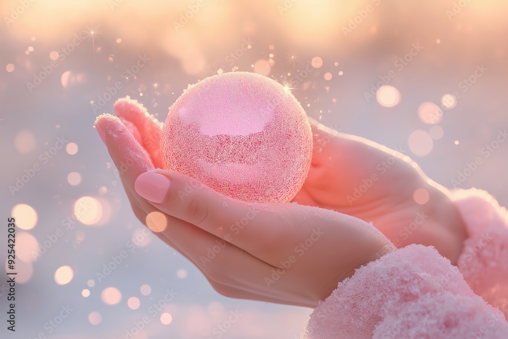 A Delicate Pink Snowball Being Held in Gentle and Caring Hands with Great Affection. A soft pink snowball is held delicately in hands, surrounded by sparkling lights in a dreamy winter scene. Poster A Delicate Pink Snowball Being Held in Gentle and Caring Hands with Great Affection. A soft pink snowball is held delicately in hands, surrounded by sparkling lights in a dreamy winter scene. Poster