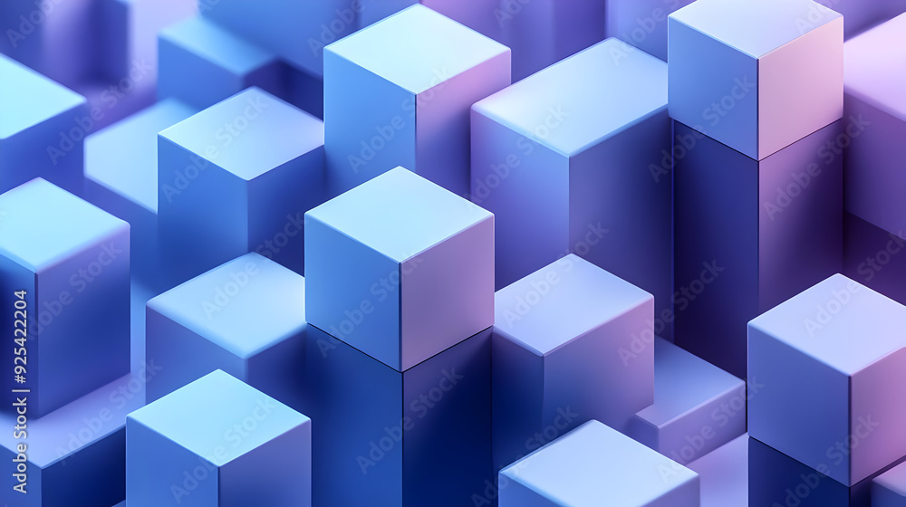 Abstract arrangement of 3D cubes in varying heights and shades of blue and purple. Abstract arrangement of 3D cubes in varying heights and shades of blue and purple.