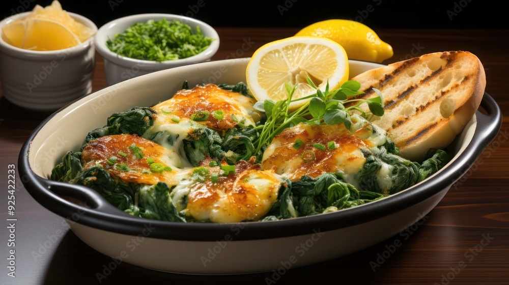 a delicious serving of freshly baked oysters loaded with cheese and spinach a delicious serving of freshly baked oysters loaded with cheese and spinach