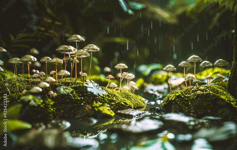 Naklejka premium Edible mushrooms growing on rocks covered with green moss in a forest on a rainy summer or autumnal day. Deep wood, woodland nature. Raining outdoors.