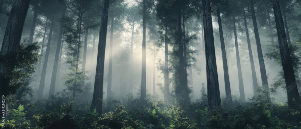 Fototapeta premium Sunlight filters through the dense trees of a misty forest, creating a serene and atmospheric scene.