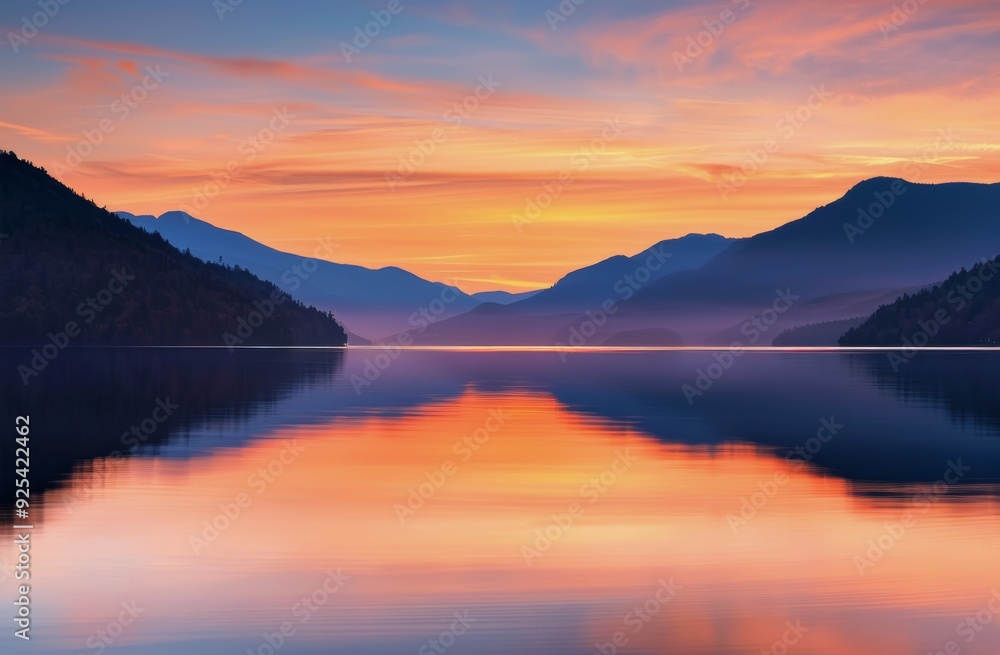 Vibrant Sunset Over Serene Lake Surrounded by Mountains Vibrant Sunset Over Serene Lake Surrounded by Mountains