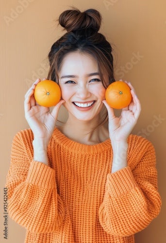 Smiling Woman Holding Oranges Against a Warm Brown Background