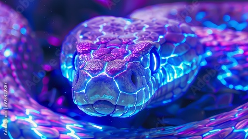 bioluminescent king cobra looking forward, close-up view, magic light, neon watercolor photo