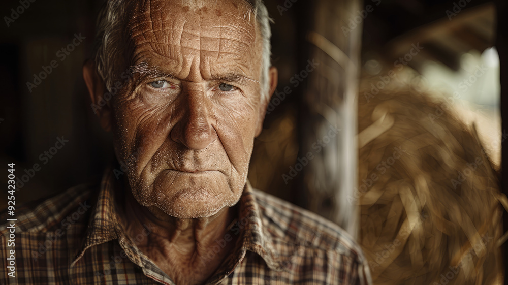 Elderly man in plaid shirt showing serious expression. Elderly man in plaid shirt showing serious expression.